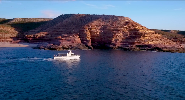 Reefwalker tour boat cruising past Kalbarri’s iconic layered coastal cliffs during golden hour